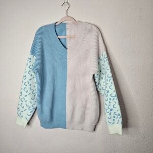 Colorblock Leopard V Neck Long Sleeve Sweater Women's XL Pastel‎ Chunky Knit